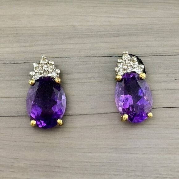 14K Yellow Gold Amethyst Diamond Earrings Studs Oval Pierced New Classic 90s - Picture 1 of 8